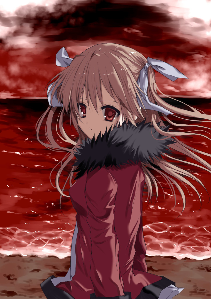 1girl arm_at_side baldr_sky beach brown_hair closed_mouth coat expressionless floating_hair from_side fur-trimmed_coat fur_trim hair_between_eyes hair_ribbon highres long_hair long_sleeves looking_at_viewer minazuki_sora outdoors red_coat red_eyes red_ocean red_sky ribbon sky solo two_side_up unkogakatasugi upper_body white_ribbon wind