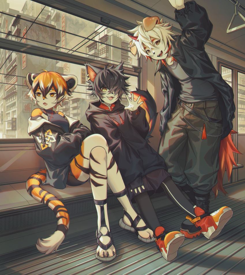 2024 4_toes 5_fingers aak_(arknights) absurd_res anthro arknights black_body black_fur black_hair boots bottomwear canid canine canis claws clothing detailed_background domestic_cat domestic_dog ear_piercing evv_uu feet felid feline felis female fingers footwear fur group hair hair_over_eye hi_res hoodie horn hung_(arknights) hypergryph jacket kemono long_hair looking_at_viewer looking_away male mammal multicolored_body multicolored_fur one_eye_obstructed orange_body orange_fur orange_hair orange_tail pantherine pants piercing rapid_transit shirt shorts sitting smile smiling_at_viewer striped_body striped_fur stripes studio_montagne subway t-shirt tail tiger toes topwear trio waaifu_(arknights) white_body white_fur white_hair yellow_eyes