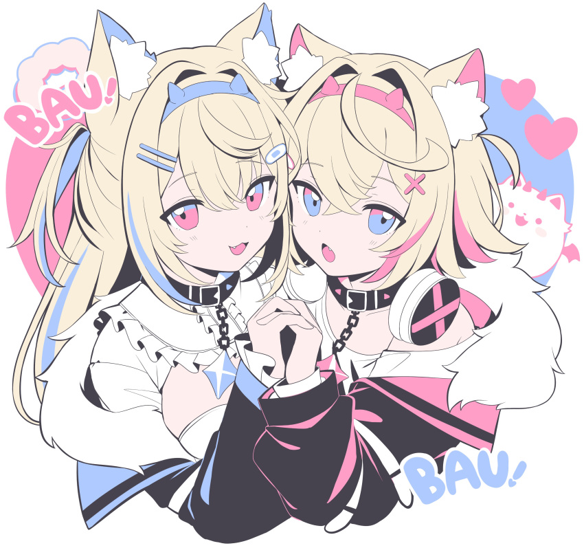 2girls absurdres animal_collar animal_ear_fluff animal_ears black_coat black_jacket blonde_hair blue_eyes blue_hair blue_hairband breasts chain chocola_vt cleavage_cutout clothing_cutout coat collar dog_ears dress fang fuwawa_abyssgard fuwawa_abyssgard_(1st_costume) hair_ornament hairband headphones headphones_around_neck highres holding_hands hololive hololive_english jacket jewelry large_breasts long_hair long_sleeves looking_at_viewer mococo_abyssgard mococo_abyssgard_(1st_costume) multicolored_hair multiple_girls off_shoulder pendant perroccino_(fuwamoco) pink_eyes pink_hair pink_hairband shirt short_hair siblings sisters spiked_hairband spikes streaked_hair twins two-tone_hair upper_body white_background white_dress white_shirt x_hair_ornament
