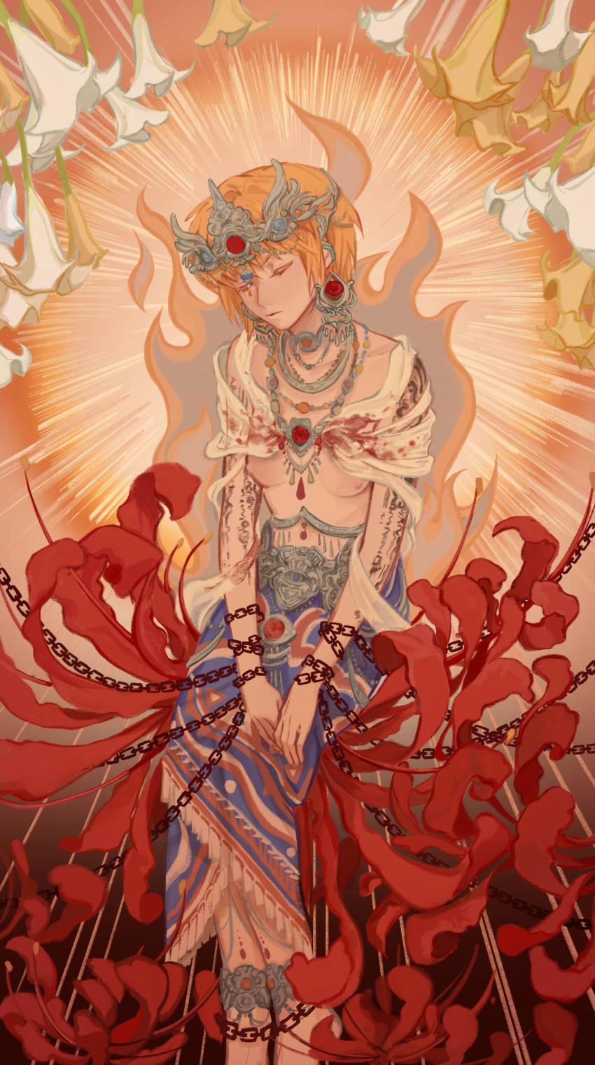 1girl absurdres androgynous blonde_hair breasts chain chained closed_eyes colored_eyelashes feet_out_of_frame flower full_body genderswap genderswap_(mtf) hair_between_eyes highres hinduism hunter_x_hunter ik18166181ik kurapika multiple_necklaces nipples red_flower red_spider_lily revealing_clothes short_hair small_breasts solo spider_lily white_flower