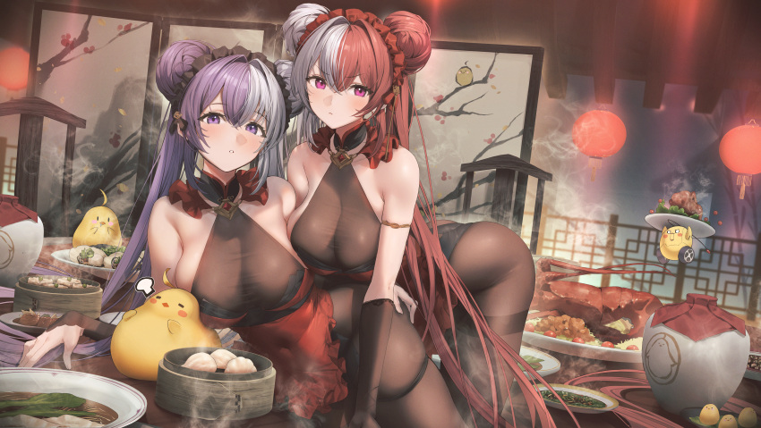 2girls absurdres apron ass_grab azur_lane bamboo_steamer baozi black_hairband black_leotard blush bodystocking breasts chao_ho_(azur_lane) chao_ho_(frolicking_flowers_verse_ii)_(azur_lane) cleavage clip_studio_paint_(medium) closed_mouth covered_navel creature crossed_bangs double_bun folding_screen food frilled_apron frilled_hairband frills grabbing_own_ass grey_hair hair_bun hair_intakes hairband highres hiyashi_mirano indoors jar lantern large_breasts leaning_on_person leotard lobster looking_at_viewer making-of_available manjuu_(azur_lane) multicolored_hair multiple_girls official_alternate_costume paper_lantern parted_lips pink_eyes plate purple_eyes purple_hair red_apron red_hair red_hairband sleeveless split-color_hair steam strapless strapless_leotard thigh_strap thighband_bodystocking v-shaped_eyebrows ying_swei_(azur_lane) ying_swei_(frolicking_flowers_verse_i)_(azur_lane)