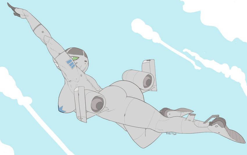 a-10 a-10_warthog aeromorph anthro back breasts butt cloud female flying green_eyes jet living_aircraft looking_back not_furry nude robotjoe side_boob