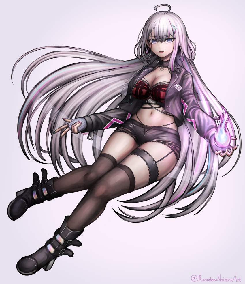 1girl absurdres ahoge black_footwear black_jacket black_shorts black_thighhighs blue_eyes blue_hair breasts cleavage cropped_jacket ember_amane grey_background gyaru_v highres jacket large_breasts long_hair long_sleeves looking_at_viewer midriff mole mole_on_breast multicolored_hair navel open_mouth phase_connect pink_hair randomnoisesart shorts simple_background smile solo stomach streaked_hair thighhighs twitter_username v very_long_hair virtual_youtuber white_hair