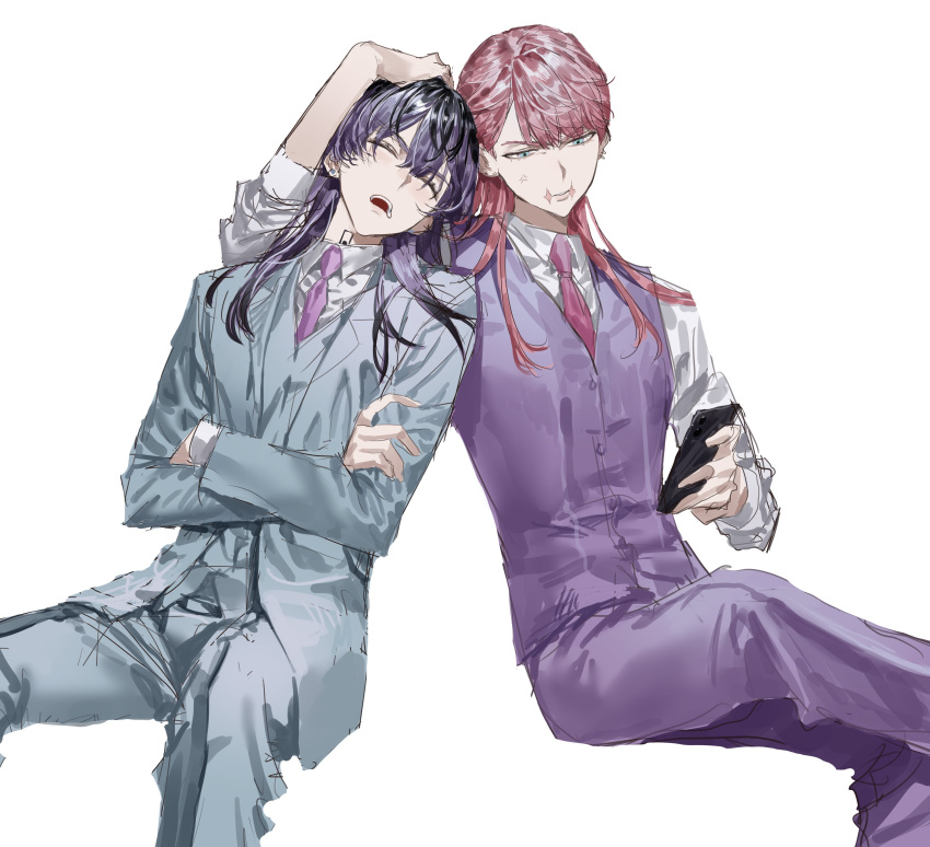 2boys absurdres arm_on_another's_shoulder blue_suit chamuring crossed_arms crossed_legs frown green_eyes haitani_rindou hand_on_another's_head head_rest highres holding holding_phone leaning_on_person leaning_to_the_side light_blue_jacket looking_at_phone male_focus multicolored_hair multiple_boys necktie open_mouth pants phone pink_hair purple_hair purple_necktie purple_vest saliva sanzu_haruchiyo scar scar_on_face shirt sitting sleeping sleeves_rolled_up suit teeth tokyo_revengers two-tone_hair upper_teeth_only vest white_shirt wolf_cut yaoi