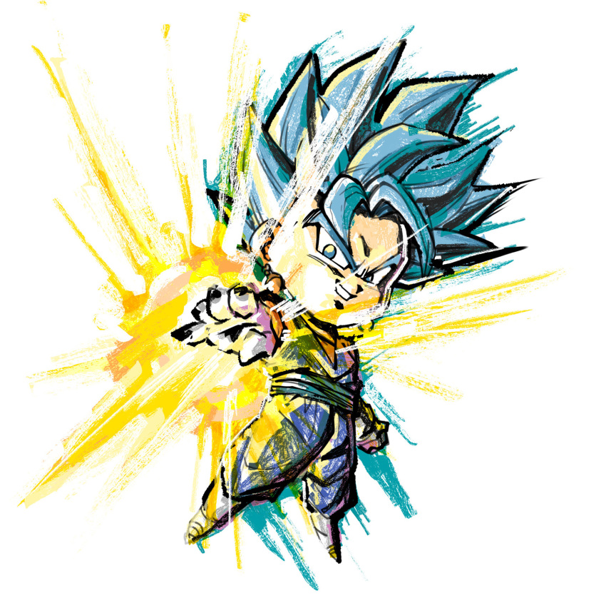 1boy blue_hair blue_pants blue_shirt boots chibi dougi dragon_ball dragon_ball_super earrings energy_sword fenyon gloves highres ink_wash_painting jewelry medium_hair orange_shirt pants pointing pointing_at_viewer potara_earrings shirt short_sleeves simple_background sleeveless smirk solo spiked_hair sword vegetto weapon white_background white_footwear white_gloves
