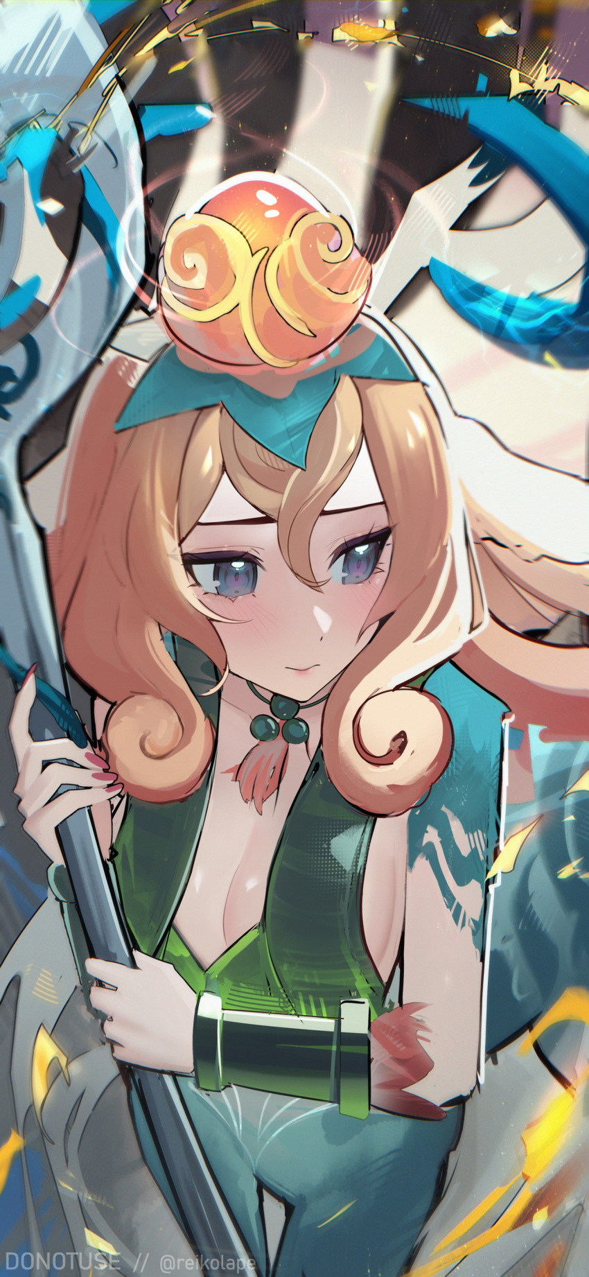 1girl 3: absurdres animal_ears averting_eyes blonde_hair blue_eyes bracer breasts centaur cleavage closed_mouth curly_hair deer_ears fingernails hair_between_eyes highres holding holding_staff league_of_legends lillia_(league_of_legends) long_hair medium_breasts nail_polish red_nails reiko_lape shan_hai_scrolls_lillia solo staff taur