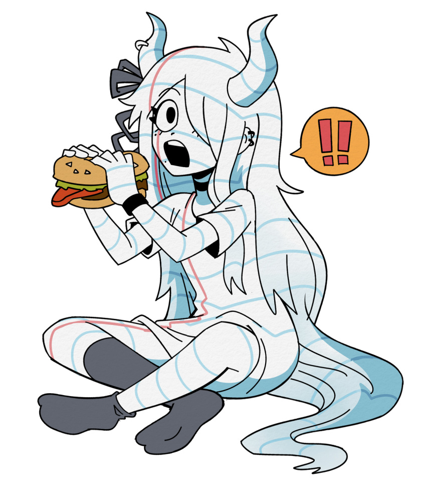 ! !! 1girl atlas_anarchy black_choker black_ribbon black_socks burger choker ear_piercing food hair_over_one_eye hair_ribbon highres holding holding_food horn_piercing horns indie_virtual_youtuber lined_paper long_hair marreeps open_mouth paper piercing ribbon short_sleeves simple_background socks solo spoken_exclamation_mark transparent_background very_long_hair virtual_youtuber