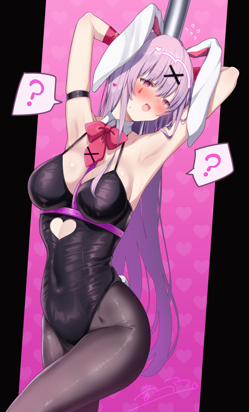 1girl ? @_@ alternate_costume animal_ears arm_ribbon arm_strap armpits arms_behind_head arms_up bare_shoulders black_leotard bow bowtie breasts cleavage clothing_cutout commentary_request cosplay covered_navel detached_collar embarrassed facing_viewer hair_between_eyes hair_ornament half-closed_eyes hatsune_miku hatsune_miku_(cosplay) heart_cutout highres hip_focus leotard long_hair looking_to_the_side medium_breasts nervous otowa_(otoha4634) pantyhose pink_eyes playboy_bunny pole purple_hair rabbit_ears rabbit_girl rabbit_hole_(vocaloid) rabbit_tail red_bow red_bowtie red_eyes red_ribbon reisen_udongein_inaba ribbon skin_tight skindentation solo spaghetti_strap spoken_question_mark standing stomach_cutout stripper_pole tail thighs touhou very_long_hair vocaloid x_hair_ornament