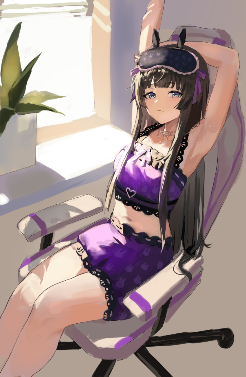 1girl armpits arms_up black_hair chair cropped_shirt eye_mask frilled_shorts frills gaming_chair grey_eyes highres indoors lace-trimmed_shirt lace-trimmed_shorts lace_trim long_hair looking_at_viewer loungewear mask mask_on_head midriff nijisanji plant pogua_haka potted_plant print_mask purple_shirt purple_shorts ribbon-trimmed_shorts ribbon_trim shirt shorts sitting sleep_mask sleeveless sleeveless_shirt solo stretching swivel_chair tsukino_mito tsukino_mito_(18th_costume) very_long_hair virtual_youtuber window