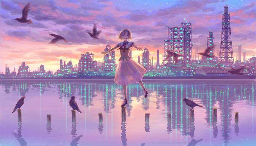 :d balancing bird blue_eyes cityscape dress hiko_(scape) open_mouth original outstretched_arms scenery see-through see-through_silhouette sky smile solo standing standing_on_liquid water