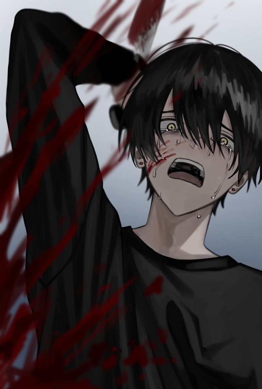 1boy akanei6no_sora arm_up black_hair black_shirt blood blood_on_face blood_on_knife blood_splatter crying crying_with_eyes_open earrings from_below gradient_background guro highres holding holding_knife jewelry knife looking_at_viewer male_focus open_mouth original shirt short_hair solo stab stud_earrings tearing_up tears upper_body wide-eyed yellow_eyes