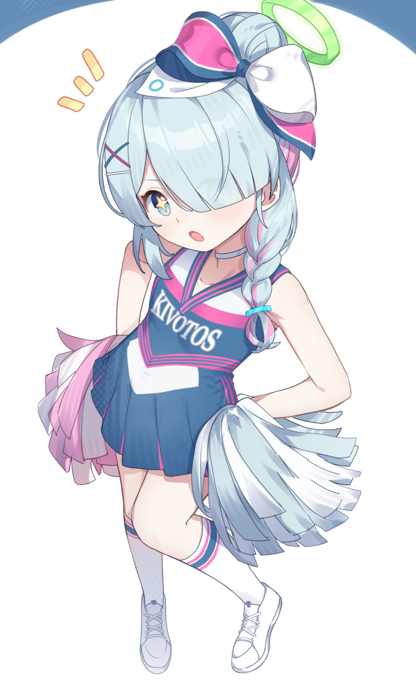 1girl :o arona_(blue_archive) blue_archive blue_dress blue_eyes blue_hair bow braid cheerleader choker commentary dress flat_chest full_body hair_bow hair_bun hair_ornament hair_over_one_eye hairclip halo hands_on_own_hips highres holding holding_pom_poms legs light_blush looking_at_viewer medium_hair multicolored_hair notice_lines pink_hair pleated_skirt pom_pom_(cheerleading) print_dress shoes side_braid sidelocks skirt sleeveless sleeveless_dress sneakers socks solo sparkling_eyes standing teallysky thighs two-tone_hair white_background white_choker white_footwear white_socks