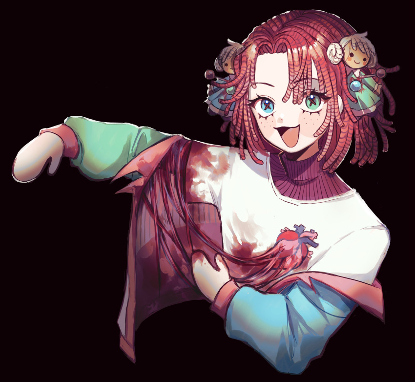 1girl absurdres black_background blood blush doll freckles heart_(organ) highres indie_virtual_youtuber jacket medium_hair nonsensemanna open_mouth raggy_chiffon red_hair shirt simple_background smile solo veins virtual_youtuber white_shirt