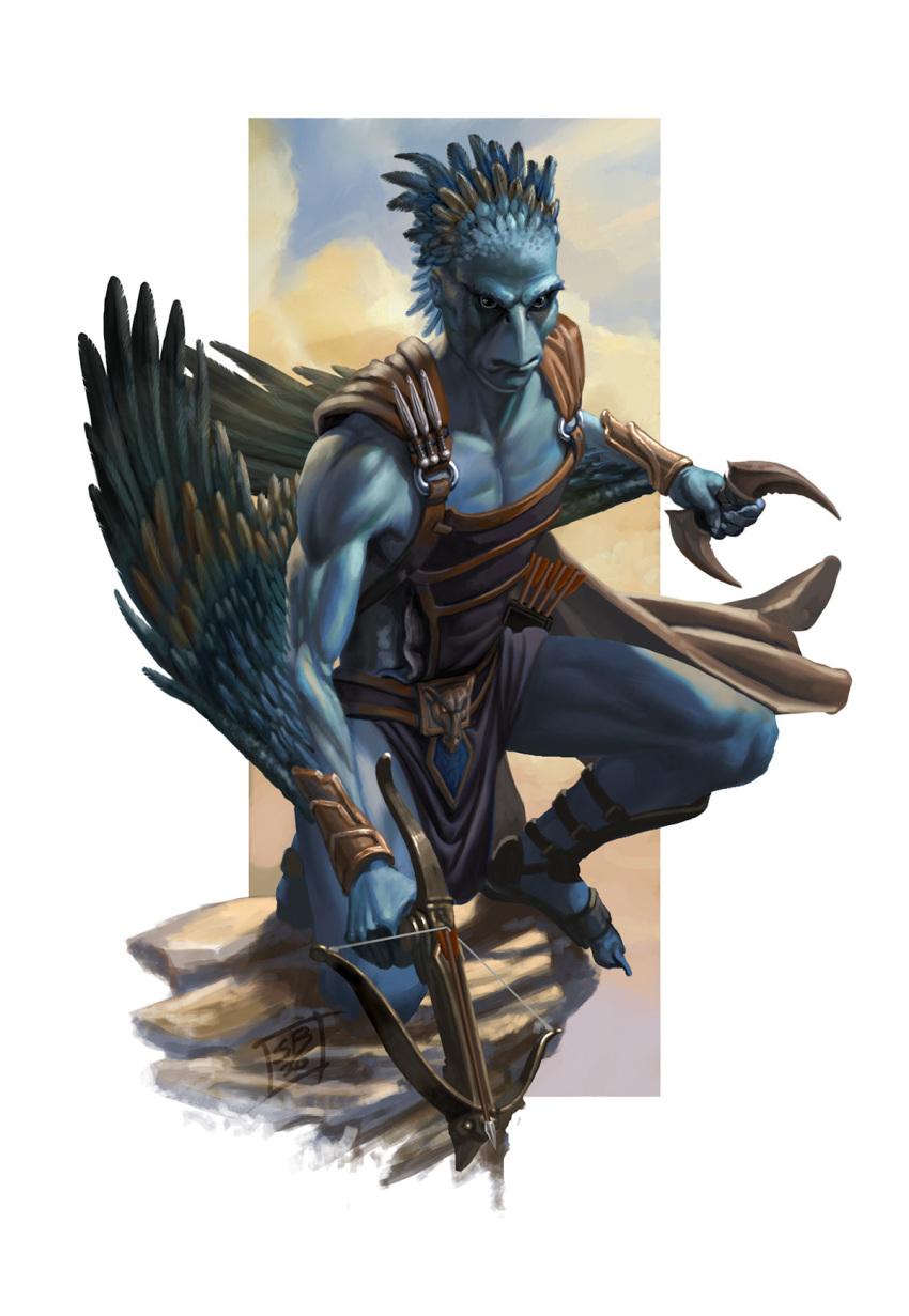 action_pose aeriad anthro armor armored_vest belt blade blue_aeriad blue_body blue_feathers blue_skin bottomwear bracers clothing crossbow crossbow_pistol crouching dual_wielding feathered_arms feathered_crest feathers footwear head_crest hi_res holding_object holding_weapon knife loincloth male muscular muscular_arms muscular_male muscular_thighs official_art partially_exposed pose pupils ranged_weapon sandals talislanta unknown_artist weapon