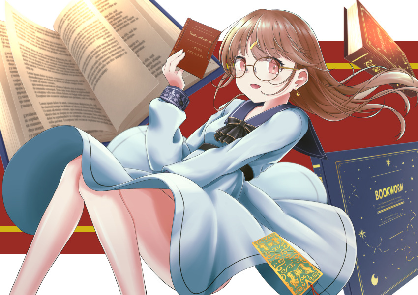 1girl :d absurdres book bookmark brown_eyes brown_hair dress earrings feet_out_of_frame glasses hair_ornament hairclip hand_up highres holding holding_book jewelry long_sleeves open_book original ruhina sailor_dress smile white_dress