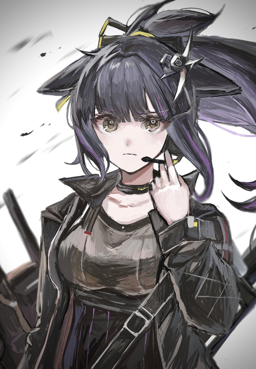 1girl :| arknights arm_at_side black_eyes black_jacket black_ribbon black_shirt breasts closed_mouth collarbone floating_hair hair_ribbon hakaimoufu hand_on_headwear headset high_ponytail highres jacket jessica_(arknights) jessica_the_liberated_(arknights) large_breasts long_hair long_sleeves looking_at_viewer open_clothes open_jacket purple_hair ribbon serious shirt sidelocks simple_background solo upper_body white_background