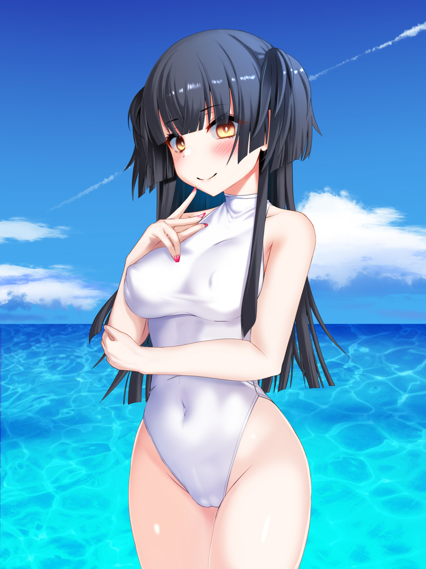1girl black_hair blue_sky breasts brown_eyes cameltoe cloud covered_navel cowboy_shot day highleg highleg_swimsuit highres horizon idolmaster idolmaster_shiny_colors long_hair mayuzumi_fuyuko medium_breasts nail_polish ocean okuri_banto one-piece_swimsuit outdoors red_nails sky solo standing swimsuit turtleneck_swimsuit two_side_up white_one-piece_swimsuit