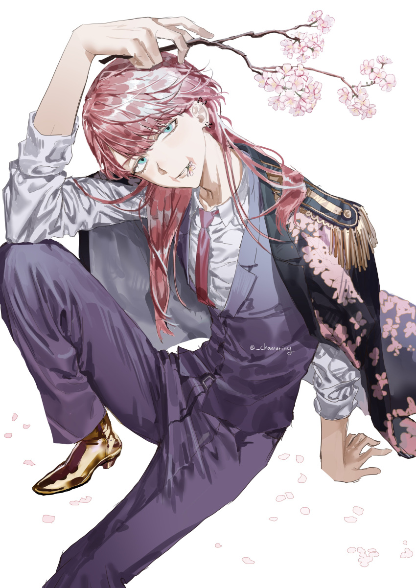 1boy absurdres arm_on_knee biting black_coat blue_eyes chamuring cherry_blossoms coat falling_petals hand_on_floor head_tilt highres holding knee_up looking_at_viewer looking_up male_focus necktie pants petals pink_hair purple_suit red_necktie sanzu_haruchiyo scar scar_on_face shirt sitting sleeves_rolled_up suit tokyo_revengers twig white_shirt wolf_cut