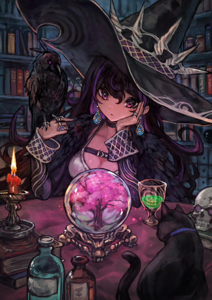 1girl absurdres bird bird_on_hand black_cat black_hair book bookshelf bottle breasts candle candlestand cat cherry_blossoms choker cleavage commentary_request crow crystal_ball cup earrings elbow_rest hat head_rest highres jewelry library long_hair long_sleeves medium_breasts multicolored_hair multiple_rings original purple_choker purple_eyes purple_hair ring sabamiso_taro skull solo streaked_hair table tree witch witch_hat