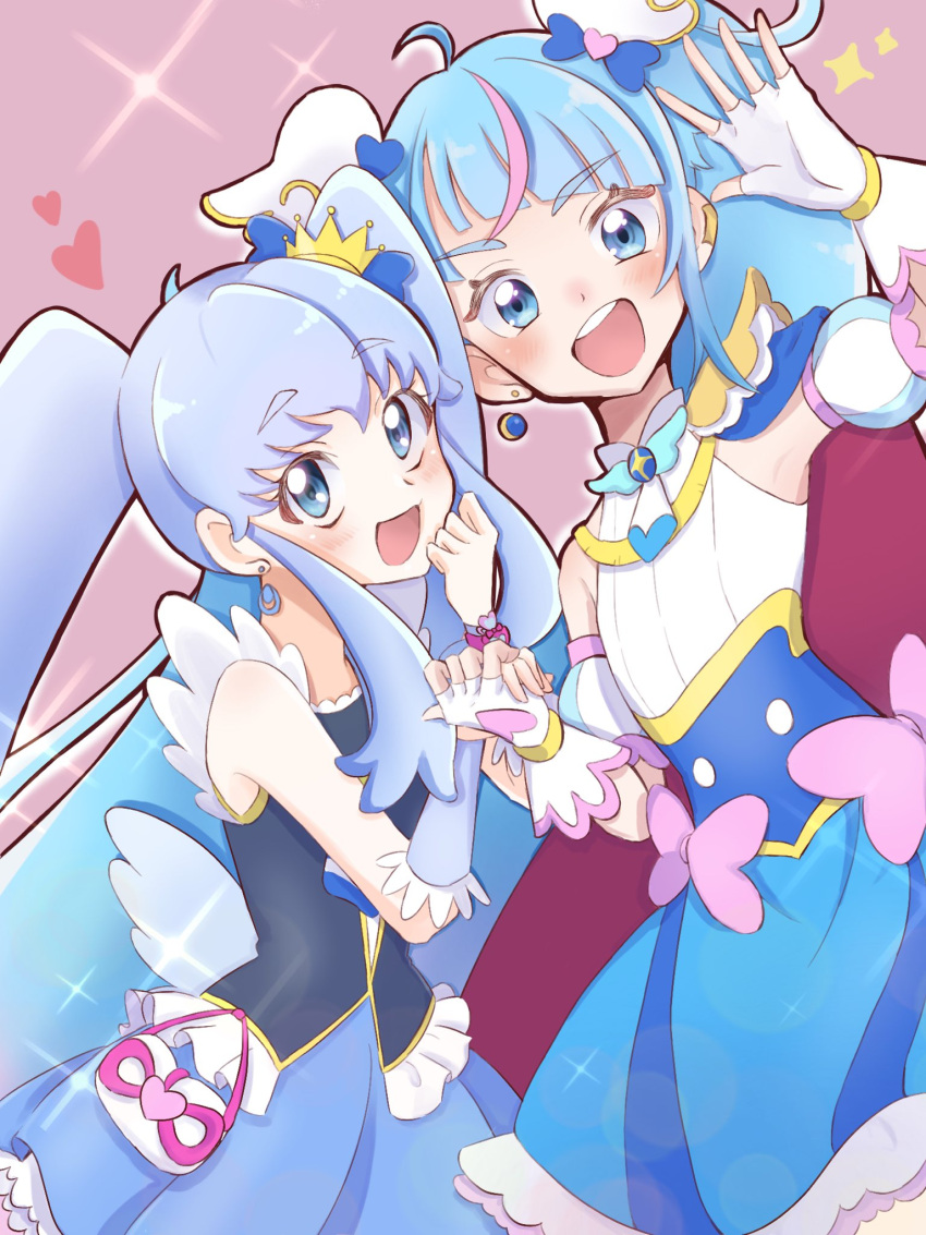 2girls blouse blue_dress blue_eyes blue_hair blue_shirt blue_skirt bow brooch cape commentary crown cure_princess cure_sky cut_bangs detached_sleeves dress dress_bow earclip earrings fingerless_gloves frilled_shirt frills gloves happinesscharge_precure! heart highres hirogaru_sky!_precure holding_hands in-franchise_crossover interlocked_fingers jewelry long_hair looking_at_viewer magical_girl mini_crown miniskirt multicolored_hair multiple_girls open_mouth pink_hair pouch precure puffy_detached_sleeves puffy_sleeves red_cape shigen_pr shirayuki_hime shirt side-by-side single_earring single_sidelock skirt sleeveless sleeveless_dress sleeveless_shirt smile sora_harewataru standing streaked_hair tilted_headwear twintails two-tone_dress two-tone_hair very_long_hair waving white_dress white_gloves wing_brooch wing_hair_ornament