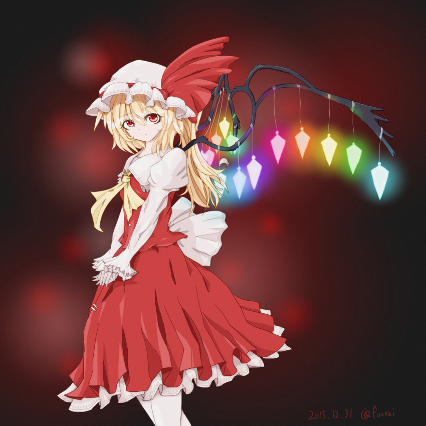 1girl adapted_costume back_bow blonde_hair bow closed_mouth collared_shirt commentary_request feet_out_of_frame flandre_scarlet frilled_sleeves frills from_side glowing glowing_wings gochisou_za_raitoningu hair_between_eyes hat hat_ribbon highres juliet_sleeves light_smile long_hair long_sleeves looking_at_viewer medium_skirt mob_cap multicolored_wings own_hands_together puffy_sleeves red_background red_eyes red_ribbon red_skirt red_vest ribbon ribbon-trimmed_headwear ribbon_trim shirt simple_background skirt solo touhou vest white_bow white_hat white_shirt wings