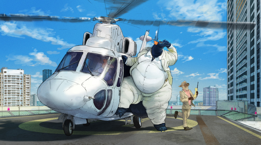 2024 80's_theme absurd_res aircraft anthro barefoot belly big_belly black_body black_skin blue_sky bottomwear bovid building canid canine caprine cellphone cettus clothed clothing cloud day detailed_background dragon dress_shirt electronics feet footwear fox frill_(anatomy) fritjof fully_clothed group helicopter hi_res jacket jewelry macro male mammal mythological_creature mythological_scalie mythology necklace obese obese_anthro obese_male orange_eyes overweight overweight_anthro overweight_male pants phone pilot rooftop scalie sheep shirt shoes size_difference sky skyscraper standing topwear trio vehicle walking