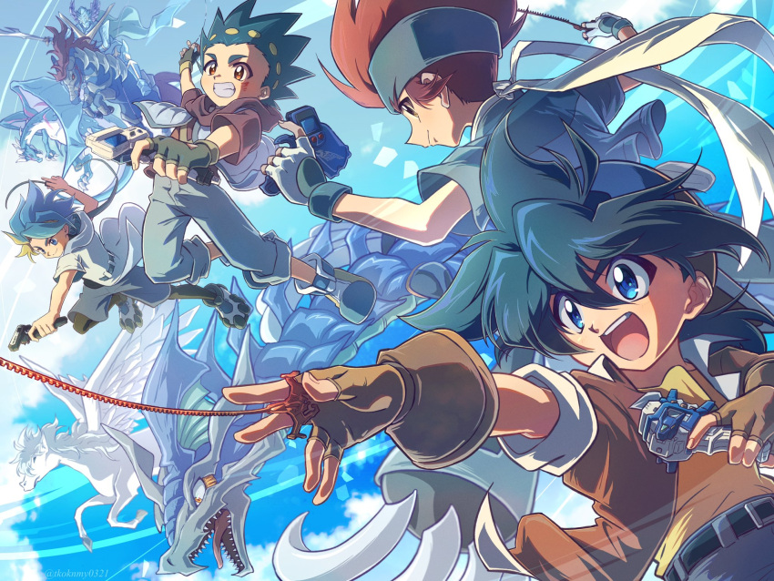 4boys aoi_valt backwards_hat bakuten_shoot_beyblade beyblade beyblade:_burst beyblade_x black_hair blue_eyes blue_hat blue_headband brown_eyes coat dragon fingerless_gloves gloves green_hair hagane_ginga hat headband highres hood hood_down hooded_coat hoodie jacket kinomiya_takao kurosu_ekusu medium_hair metal_fight_beyblade multiple_boys pegasus red_hair red_jacket shirt short_hair spiked_hair tkoknmy0321 white_coat yellow_shirt