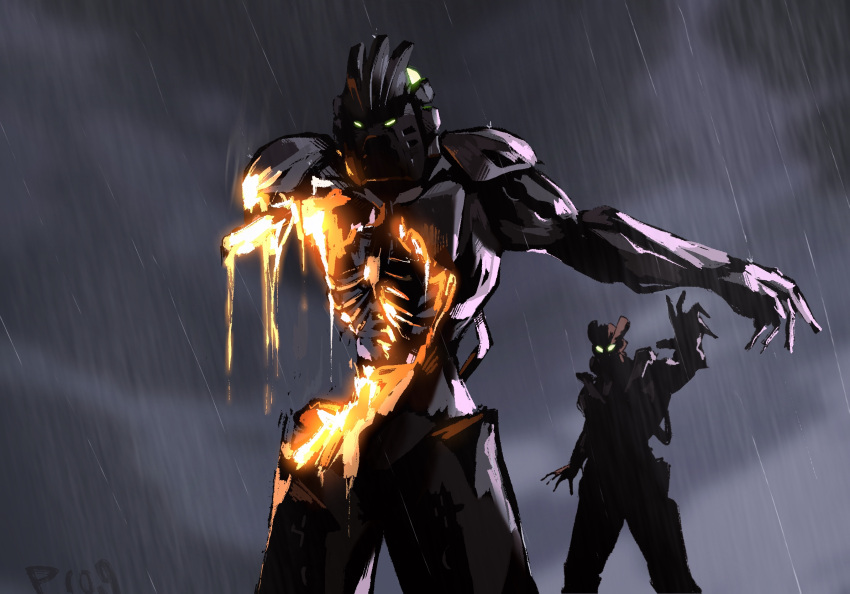 2boys artist_name bionicle cloud english_commentary glowing glowing_eyes green_eyes highres jaller_(bionicle) kanohi_(bionicle) limited_palette liquid looking_down male_focus mask missing_limb multiple_boys open_hands prog_ares rain ribs takanuva_(bionicle) the_lego_group