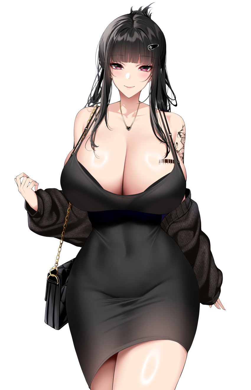 1girl absurdres barcode barcode_tattoo bare_shoulders black_dress blush breasts chixiao closed_mouth commentary_request cowboy_shot d_(killer_wife)_(nikke) d_(nikke) dress goddess_of_victory:_nikke hair_ornament highres huge_breasts jewelry long_hair long_sleeves looking_at_viewer necklace off_shoulder official_alternate_costume purple_eyes simple_background smile solo tattoo thighs white_background