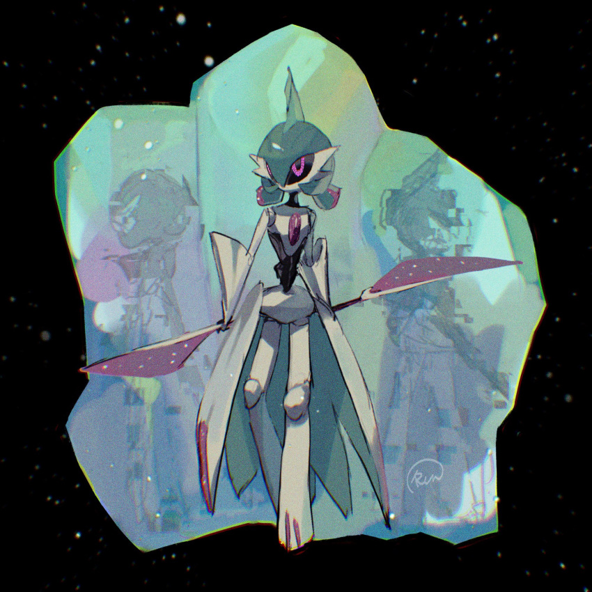 black_background crystal double-blade gallade gardevoir glowing glowing_eye highres holding holding_weapon humanoid_robot iron_valiant low_twintails multicolored_armor pink_eyes pokemon pokemon_(creature) robot runteya twintails waist_cape weapon