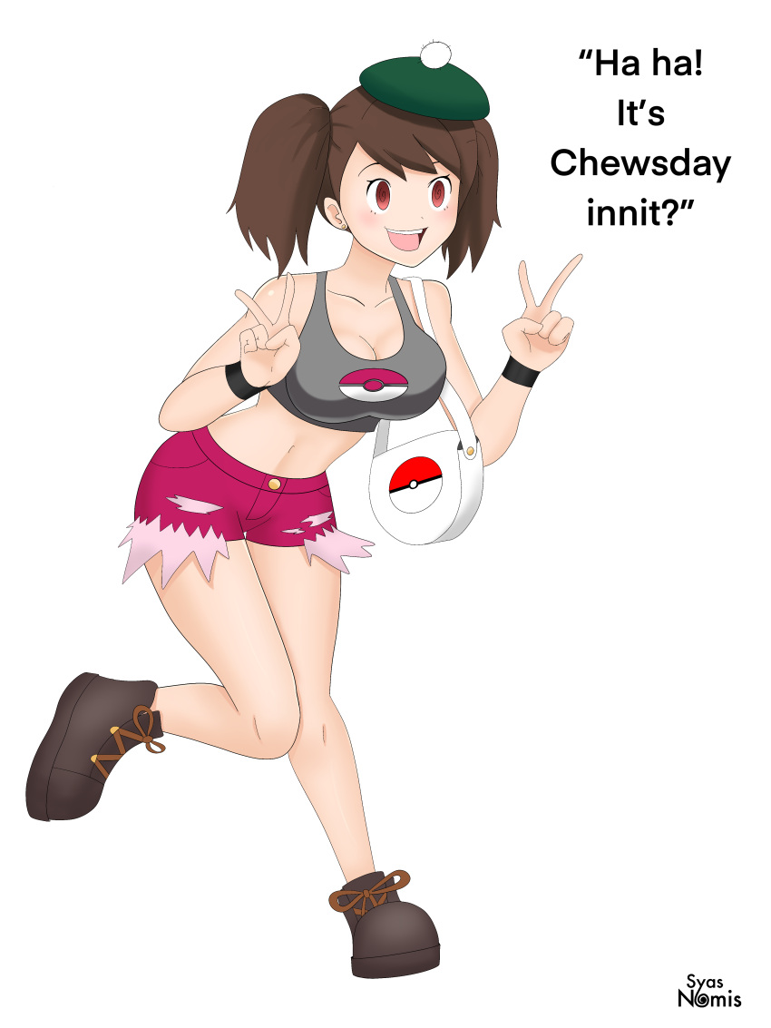 1girl absurdres bag boots breasts brown_footwear brown_hair cleavage collarbone crop_top gloria_(pokemon) grey_shirt handbag hat highres medium_breasts meme midriff navel one_side_up open_mouth pink_shorts poke_ball pokemon pokemon_swsh red_eyes shirt short_hair shorts smile syas-nomis thick_thighs thighs v