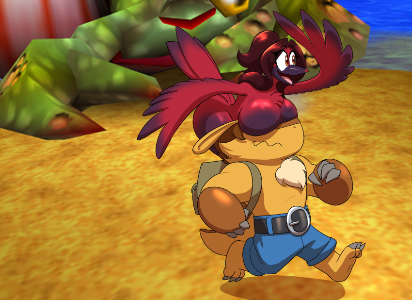 anthro armadillo avian backpack banjo-kazooie big_breasts bird boob_hat bottomwear breasts brown_hair chest_tuft clothing covered_eyes curvy_figure duo elle_(ooo-belise-ooo) feathers female fur hair hi_res long_hair looking_aside male male/female mammal orange_body orange_fur rareware red_body red_feathers shirtless shorts toughset toughset_(character) tuft voluptuous xenarthran