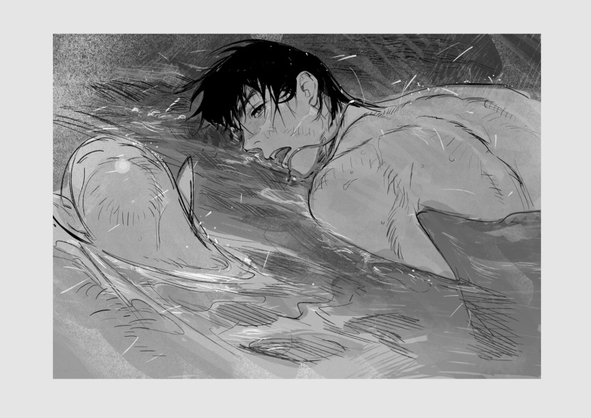 1boy 1girl afloat atie1225 bare_back black_hair dog_tags empty_eyes from_side greyscale highres looking_at_another lying male_focus monochrome on_stomach open_mouth original