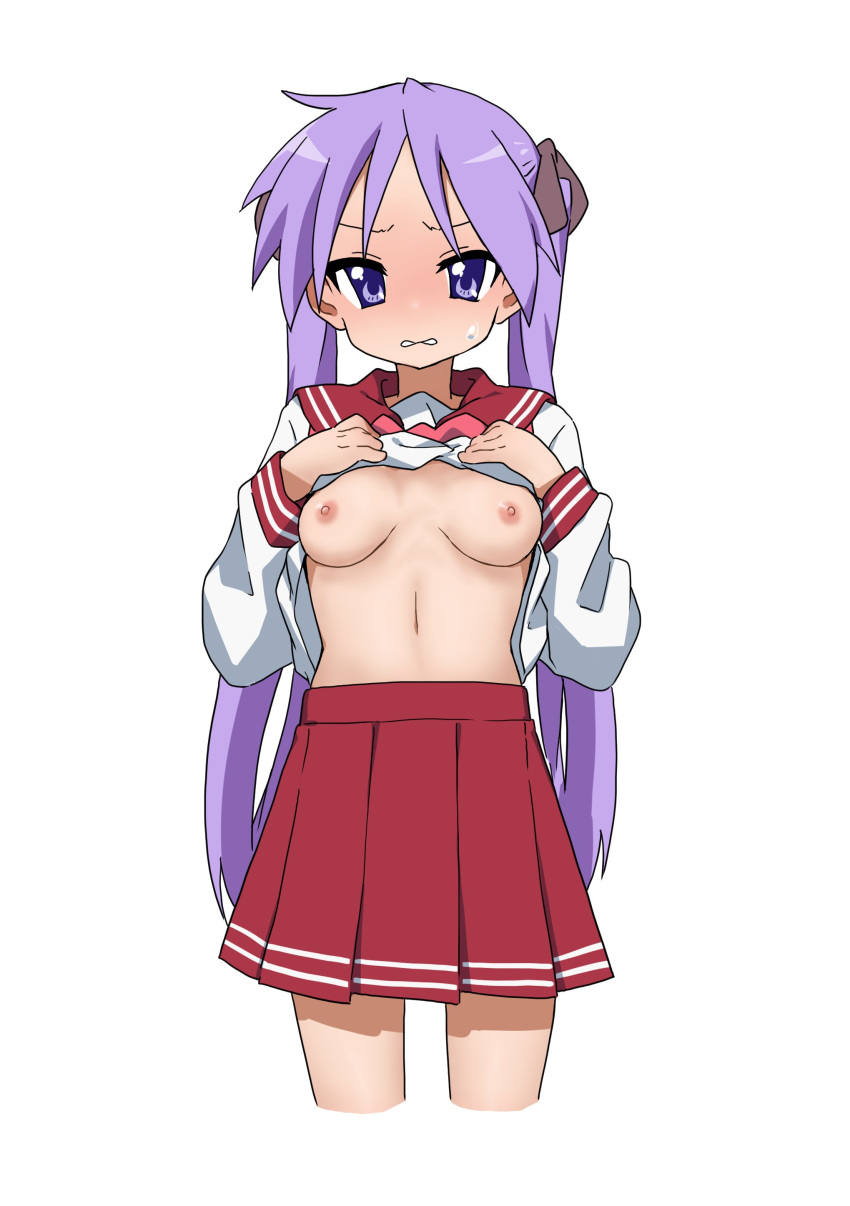 1girl absurdres black_ribbon blush breasts clothes_lift hair_ribbon highres hiiragi_kagami kicchi_(tmgk) lifted_by_self long_hair long_sleeves looking_at_viewer lucky_star medium_breasts navel nipples purple_eyes purple_hair red_sailor_collar red_skirt ribbon ryouou_school_uniform sailor_collar school_uniform serafuku shirt_lift simple_background skirt solo standing sweatdrop twintails white_background winter_uniform