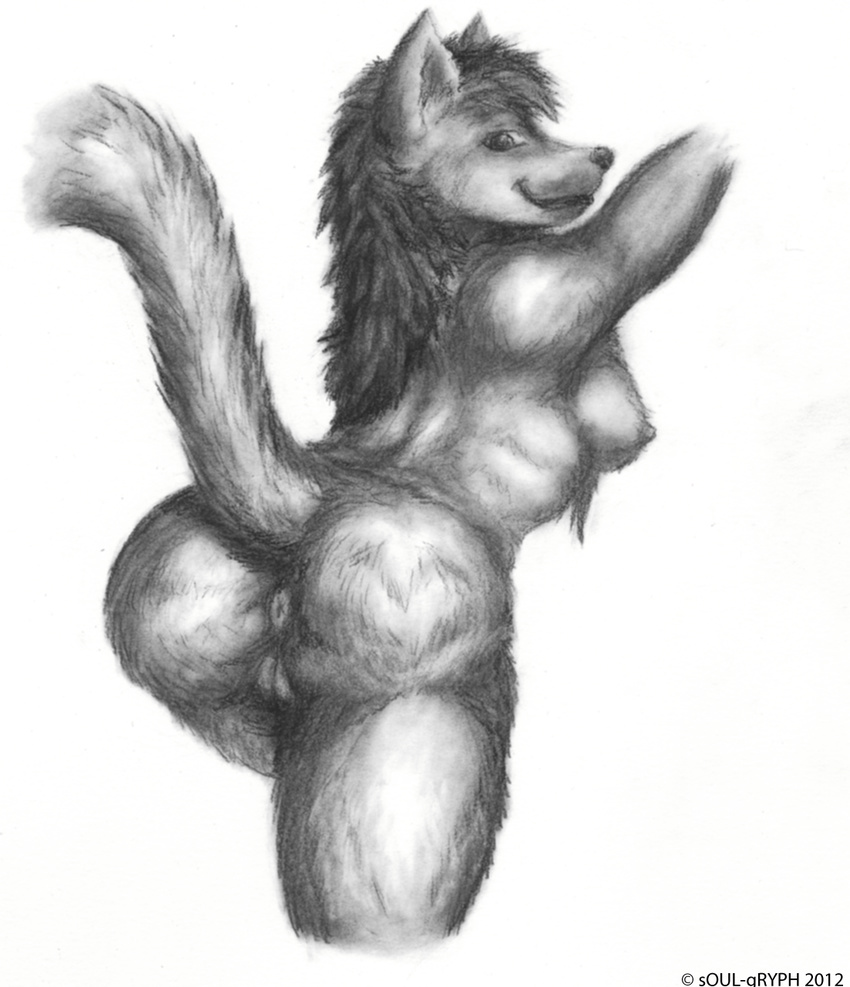 anthro ass_up breasts butt female female/solo monochrome nipples pussy raised_tail side_boob solo soulgryph