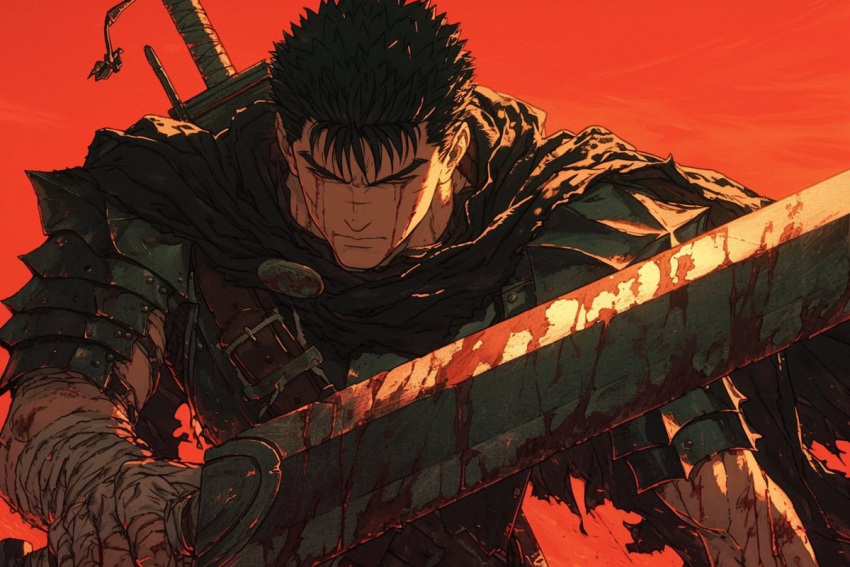 1boy ai-generated arm_wrap armor berserk blood blood_on_face blood_on_weapon cape closed_eyes closed_mouth guts_(berserk) holding holding_weapon muscular muscular_male orange_background scar scar_on_arm scar_on_cheek scar_on_face simple_background spiked_hair sword sword_on_back tarte_(hodarake) torn_cape torn_clothes weapon weapon_on_back