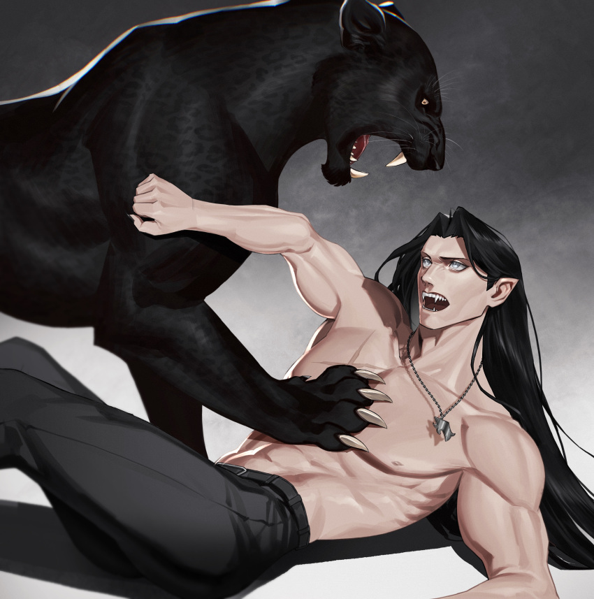 1boy absurdres animal belt black_hair black_panther black_pants claws collarbone commission emo37337640 fangs grey_hair highres jewelry long_hair lying muscular muscular_male necklace on_back original pants pointy_ears scar scar_on_chest skeb_commission