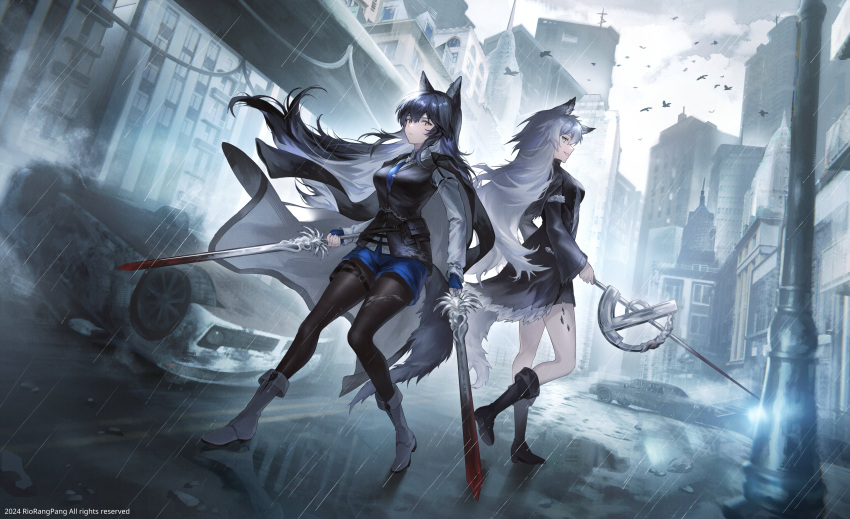 2girls absurdres arknights black_hair black_jacket black_pantyhose black_shorts black_vest blue_gloves blue_necktie blue_shorts boots building car cityscape closed_mouth collared_shirt day dual_wielding fingerless_gloves floating_hair full_body gloves grey_eyes high_heel_boots high_heels highres holding holding_sword holding_weapon jacket jacket_on_shoulders lamppost lappland_(arknights) lappland_(refined_horrormare)_(arknights) long_hair long_sleeves looking_at_viewer motor_vehicle multiple_girls necktie open_clothes open_jacket orange_eyes outdoors overcast overturned_car pantyhose pantyhose_under_shorts profile puddle rain reflection reflective_water rio_(rio773) serious shirt shorts sidelocks sideways_glance sky skyscraper spire straight_hair sword texas_(arknights) texas_the_omertosa_(arknights) vest weapon white_footwear white_hair white_shirt