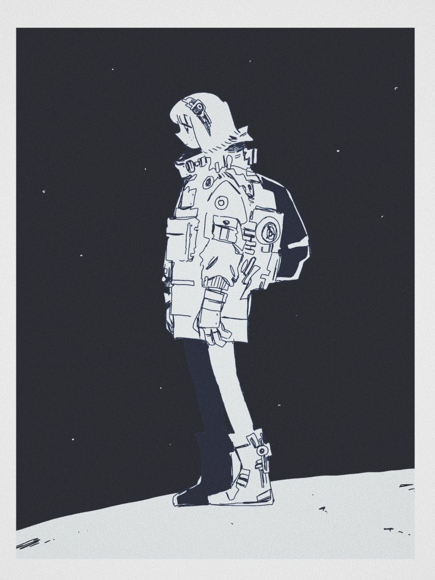 1girl backpack bag boots border from_side full_body gloves greyscale hairband helmet highres jacket long_sleeves monochrome original outside_border profile shoes short_hair signature sky solo soyacomu space space_helmet standing star_(sky) starry_sky