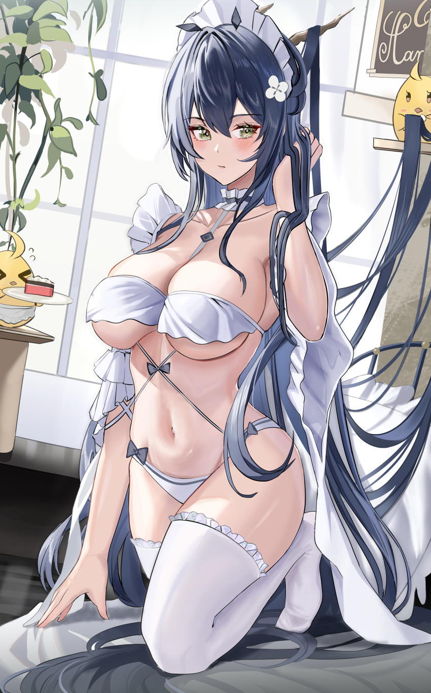 1girl absurdly_long_hair absurdres arm_garter azur_lane bikini black_hair breasts cake choker cleavage collarbone food frilled_choker frills hand_in_own_hair highres holding holding_hair holding_tray indomitable_(azur_lane) indomitable_(ms._motivationless_maid)_(azur_lane) kneehighs large_breasts long_hair maid_headdress manjuu_(azur_lane) navel no_shoes official_alternate_costume pannko6216 revealing_clothes socks swimsuit thighhighs tray underboob very_long_hair white_bikini white_thighhighs
