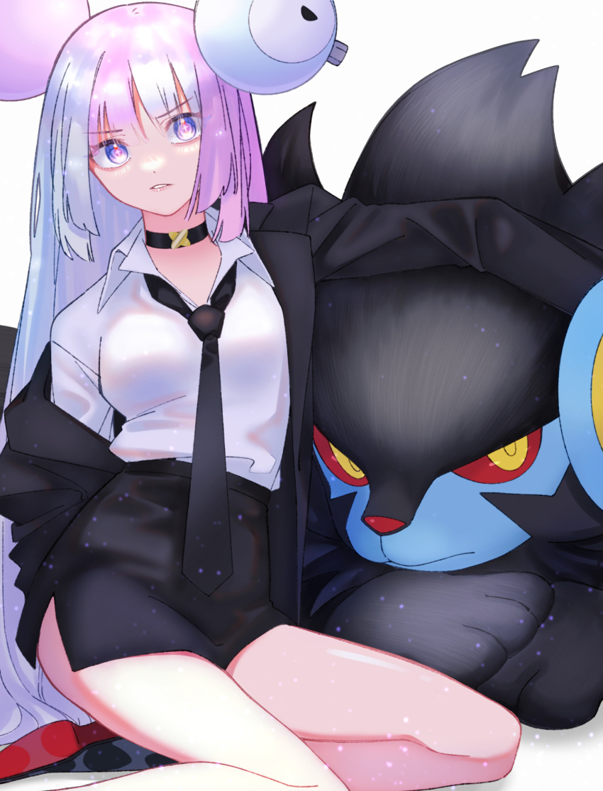 +_+ 1girl alternate_costume black_choker black_footwear black_necktie black_skirt blue_eyes choker collared_shirt highres iono_(pokemon) kana_(kanna_runa0620) long_hair looking_at_viewer luxray multicolored_hair necktie parted_lips pink_hair pokemon pokemon_(creature) pokemon_sv shirt shoe_soles shoes skirt two-tone_hair white_background white_shirt