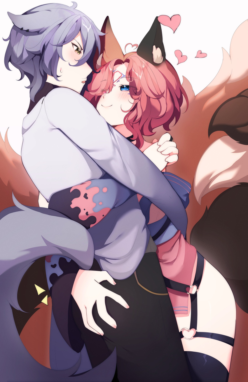 1boy 1girl absurdres ahoge animal_ear_fluff animal_ears ass_grab black_thighhighs blue_eyes commission couple docc_woody dress english_commentary facial_hair facing_another female_pervert fox_boy fox_ears fox_girl fox_tail from_side grey_hair hair_over_one_eye heart heart_ahoge heart_o-ring hetero highres hug indie_virtual_youtuber kuinmelen looking_at_another mustache pervert pink_dress pink_hair profile second-party_source shiny_clothes short_hair smile standing sweatdrop tail thighhighs virtual_youtuber yellow_eyes