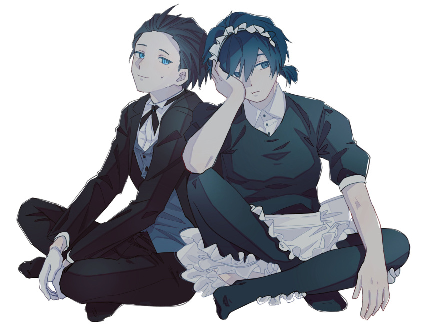 2boys alternate_costume apron black_gloves black_hair black_suit blue_eyes blue_hair closed_mouth commentary gloves highres maid_apron maid_headdress male_focus mochizuki_ryouji multiple_boys persona persona_3 short_hair simple_background sitting smile suit symbol-only_commentary tokofu_u white_background white_gloves yuuki_makoto_(persona_3)