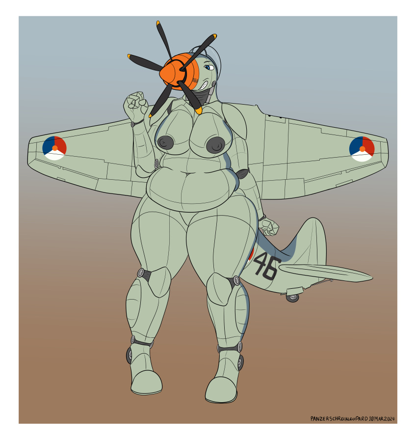 2024 absurd_res aircraft anthro belly big_belly big_breasts blue_eyes breasts dark_nipples deep_navel female fist hawker_sea_fury hi_res living_aircraft living_machine living_vehicle machine navel orange_body panzerschreckleopard slightly_chubby slightly_chubby_female solo standing_on_toes tan_body vehicle wide_hips