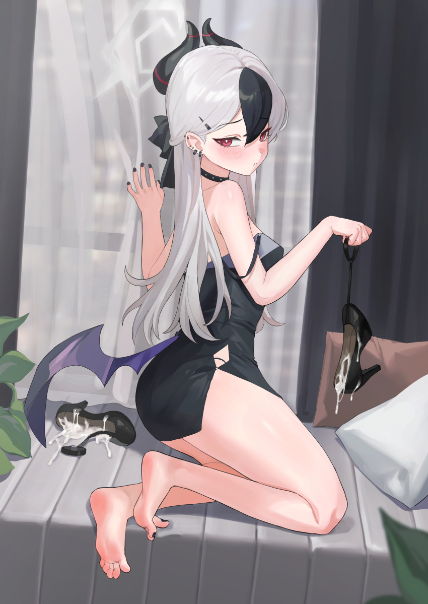 1girl :t absurdres bare_legs barefoot black_choker black_dress black_hair black_panties blue_archive blush breasts choker chuck_(harfmoondark) clothing_cutout cum cum_on_clothes demon_horns demon_wings dress fingernails grey_dress grey_hair halo highres holding holding_shoes horns indoors kayoko_(blue_archive) kayoko_(dress)_(blue_archive) kneeling looking_at_viewer looking_to_the_side medium_breasts multicolored_hair nail_polish official_alternate_costume panties red_eyes shoes soles solo streaked_hair toenail_polish toenails toes underwear unworn_shoes wings