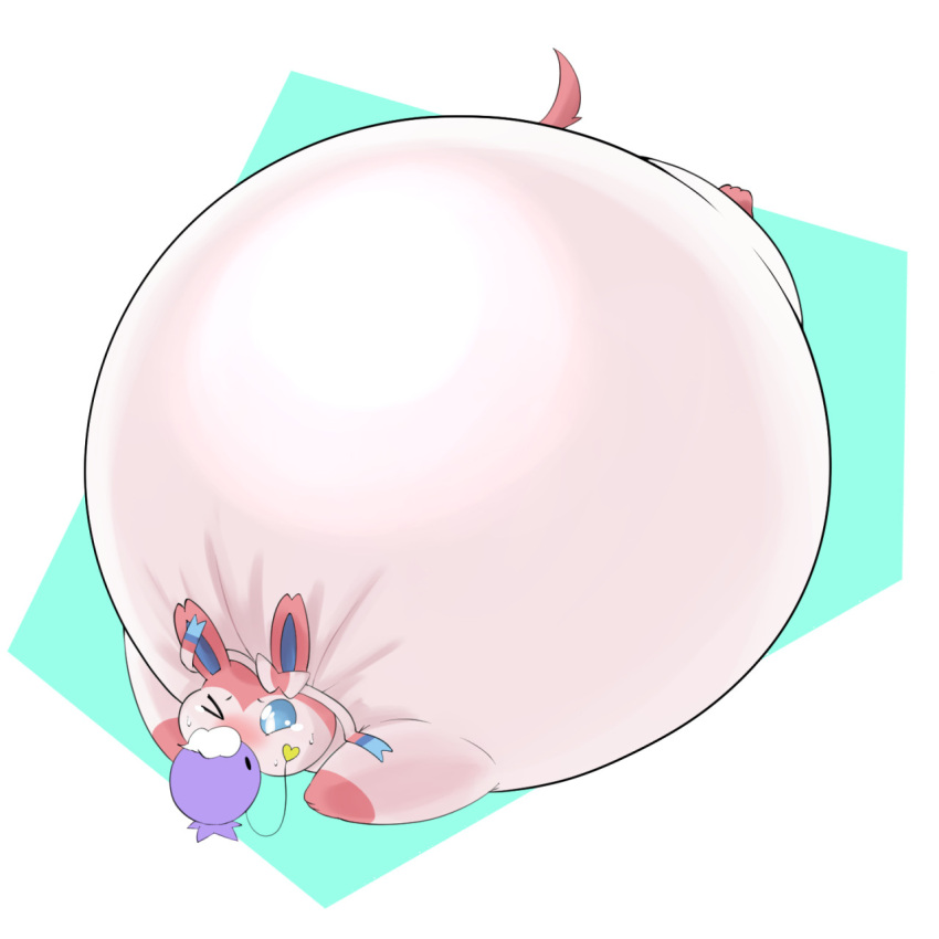 2022 air_inflation ambiguous_gender asaz balloon big_cheeks black_eyes blue_inner_ear blue_sclera blush bodily_fluids body_inflation bow_ribbon cheek_bulge colored digital_media_(artwork) drifloon duo eeveelution feral generation_4_pokemon generation_6_pokemon hi_res hyper_inflation immobile inflatable inflation inflation_fetish kissing nervous nintendo one_eye_closed pink_ears pink_tail pokemon pokemon_(species) puffed_cheeks puffkiss purple_body ribbons_(anatomy) round_body shaded simple_background spherical_inflation sweat sweatdrop swelling sylveon tail teal_background white_background white_body white_eyes