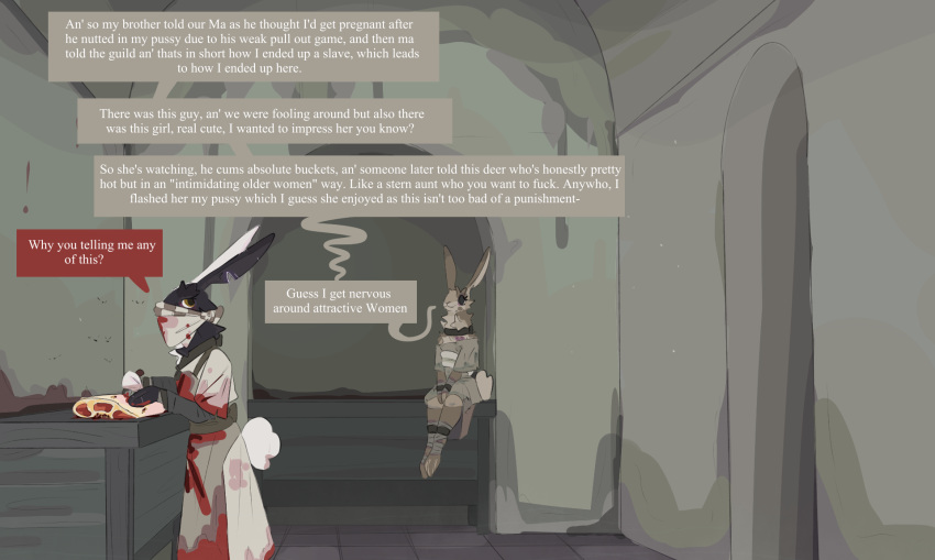 anthro blood bodily_fluids clothed clothing dialogue duo english_text female female/female fur gore hi_res knife lagomorph leporid mammal omnipresentcrayon preparing_food rabbit simple_background sitting slave text
