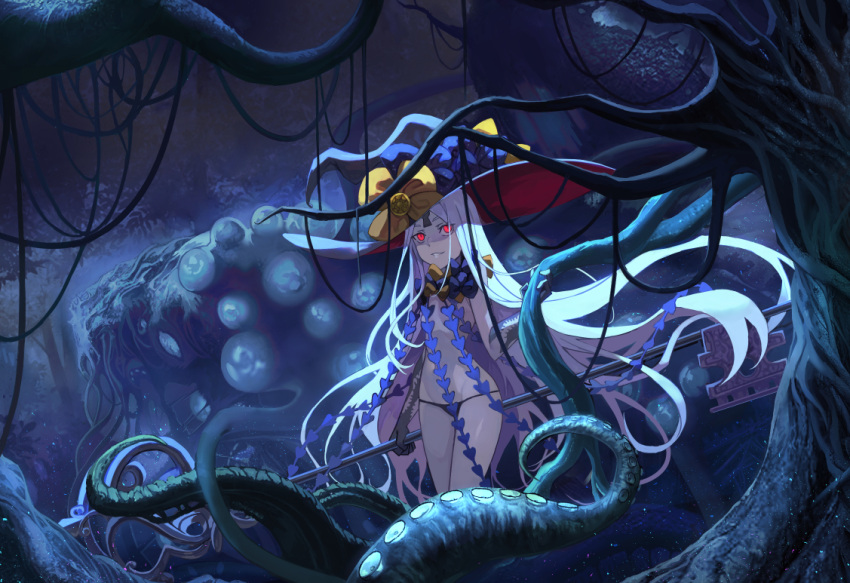 1girl abigail_williams_(fate) abigail_williams_(third_ascension)_(fate) bow breasts colored_skin dawito fate/grand_order fate_(series) forest grey_hair grey_skin hat hat_bow keyhole long_hair nature red_eyes small_breasts tentacles very_long_hair witch_hat