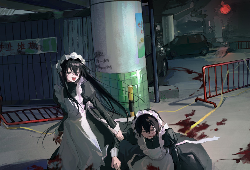 2boys absurdres apron black_hair blood blood_on_hands blood_trail car chenpeipeiii crossdressing dragging fence grin hair_between_eyes highres holding_another's_arm kneeling long_hair long_skirt looking_down looking_to_the_side maid maid_apron maid_headdress male_focus male_maid motor_vehicle multiple_boys original panicking parking_lot road saliva_drip skirt smile