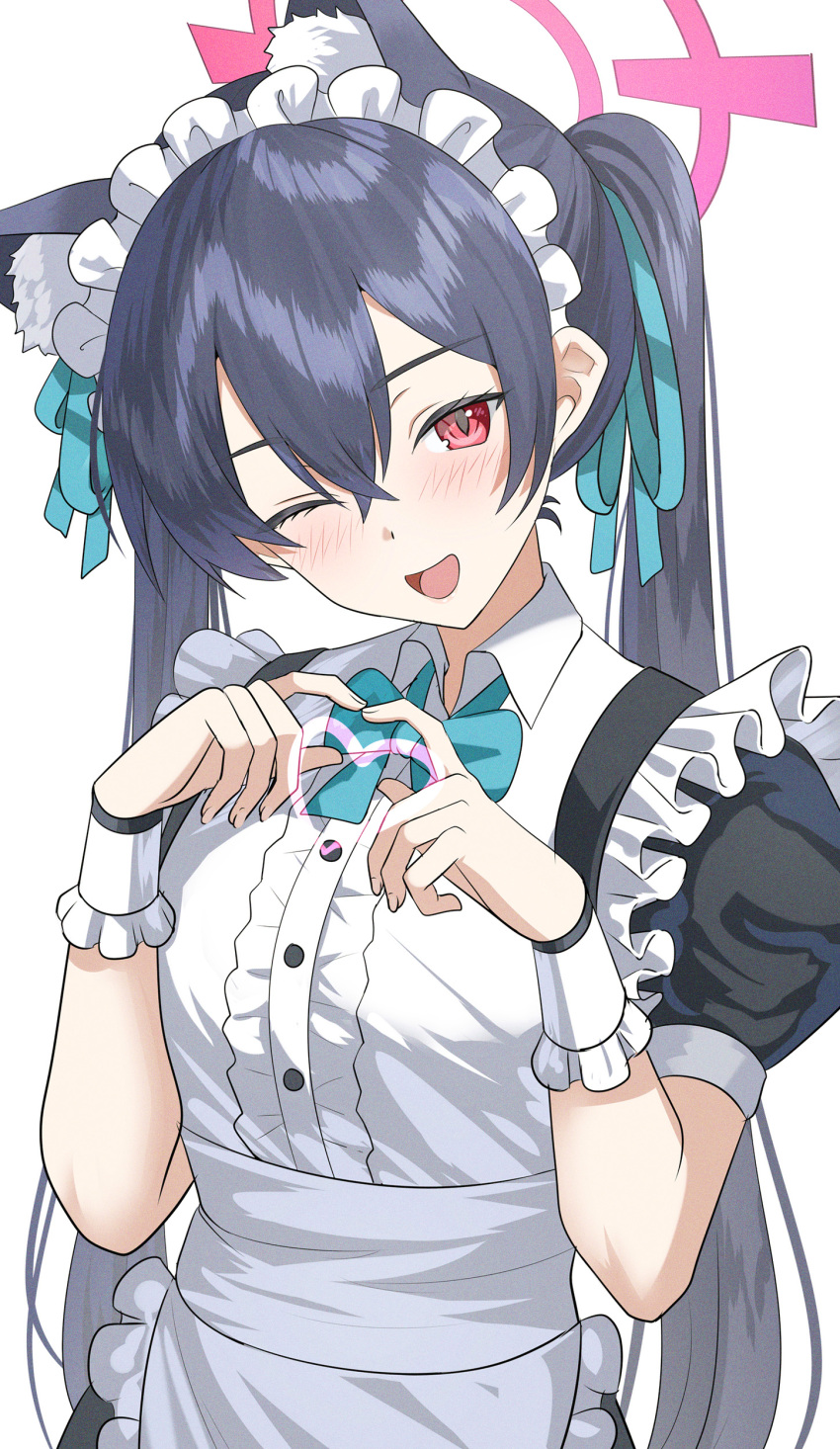 1girl absurdres alternate_costume animal_ear_fluff animal_ears apron black_dress black_hair blue_archive blush cat_ears dress enmaided extra_ears frilled_apron frills hair_between_eyes halo heart highres long_hair looking_at_viewer maid maid_apron maid_headdress one_eye_closed open_mouth pink_halo puffy_short_sleeves puffy_sleeves red_eyes serika_(blue_archive) short_sleeves simple_background smile solo sysen twintails white_apron white_background wrist_cuffs